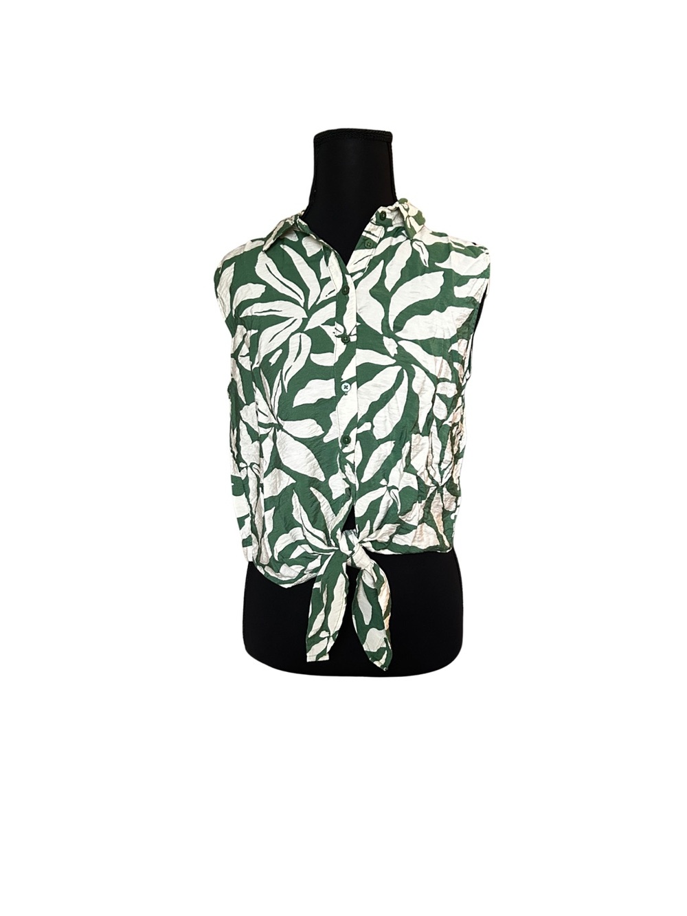 Rachel Zoe Green and White Leaf-Print Tie-Front Sleeveless Button-Down